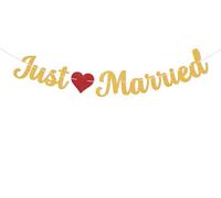 Bannière pré-cordée « Just Married » - Décorations de fête de mariage - Décoration de fête de mariage dorée ou décoration de voiture - Paillettes dorées