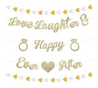 Bannière pré-enfilée « Love Laughter & Happily Ever After » - Bannière dorée à paillettes pour enterrement de vie de jeune fille - Bannière dorée à paillettes avec guirlande de serpentins en forme de
