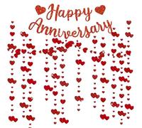Bannière rouge « Happy Anniversary » - Décoration de Saint-Valentin - Guirlande de cœurs rouges double face en papier métallique pour fiançailles, anniversaire de mariage, fête prénuptiale