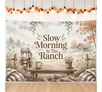 Bannière rustique avec citation du matin - Cheval d'automne - 210,8 x 150,9 | Banc en bois, toile de fond pour photographie, selle rustique, grains de café, feuilles d'érable, paysage de ferme