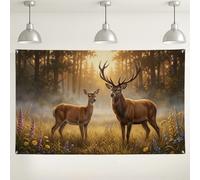 Bannière rustique avec paysage de forêt de cerfs majestueux 180 x 109 cm | Paysage de forêt brumeuse, toile de fond pour photo, lumière du soleil d'heure dorée, thème de la forêt rustique
