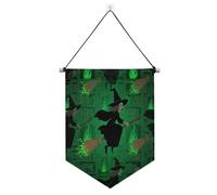 Bannière suspendue en forme de sorcier volant vert avec barre télescopique pour décoration de patio en plein air Dernière intervention pour bureau, école, salle de classe, chambre, drapeaux de fête