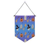 Bannière suspendue sorcière citrouille orange Halloween avec barre télescopique, bannières de fête, décoration extérieure dernière intervention pour bureau, école, salle de classe, chambre à coucher