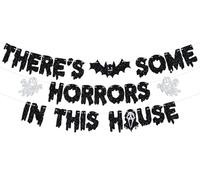 Bannière « There's Some Horrors in this House », décoration de nuit de film d'horreur d'Halloween, fantôme, chauve-souris, maison hantée, fournitures de fête d'anniversaire noir pailleté
