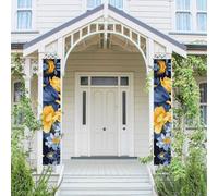 Bannière verticale à suspendre pour porte d'entrée - Base bleue - Jaune - Motif floral - Bannière de fête - Pour extérieur, vacances, mariage, cour - Décoration murale d'intérieur