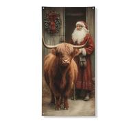 Bannière vintage Père Noël et vache des Highlands, décoration rustique de Noël, décoration intérieure et extérieure de vacances, 91,4 x 183 cm