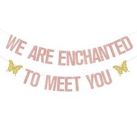 Bannière « We Are Enchanted To Meet You » - Papillon - Décoration de fête prénatale - Décoration de fête d'anniversaire pour fille - Paillettes or rose