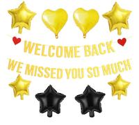 Bannière « Welcome Back We Miss You So Much » avec ballons dorés et noirs en forme de cœur - Décorations de bienvenue pour bureau, salle de classe, retraite, retour des enseignants