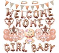 Bannière « Welcome Home » pour bébé fille - Guirlande de ballons en forme de cœur et d'étoile - Or rose - Paillettes - Figurines - Ensemble de ballons à l'hélium