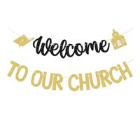 Bannière « Welcome To Our Church » - Décorations de chambre d'école du dimanche - Décorations murales d'église - Paillettes noires et dorées