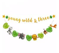 Bannière Young Wild & Three Happy 3rd Birthday Anniversaire - Décoration de fête pour garçon ou fille de trois ans - Paillettes dorées