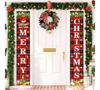Bannières de Porte Noël, Décorations de Bannière de Noël Extérieur, 180 x 30 cm Merry Christmas Banderole Joyeux Noel, Pancarte Noel, Rouge Plaid Suspendues Bienvenue Signe Porche Motif