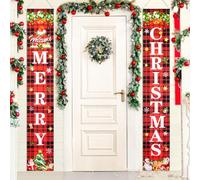 Bannières de Porte Noël, Décorations de Bannière de Noël Extérieur, Banderole Joyeux Noel, Pancarte Noel, Rouge Plaid Suspendues Bienvenue Signe Porche Motif, Merry Christmas, 180 x 30 cm