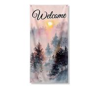 Bannières décoratives de porte de bienvenue - Aquarelle - Forêt - Arbres - Nature - Décoration de porte d'entrée - Intérieur ou extérieur - Automne - Toile de fond à suspendre - 91,4 x 183 cm