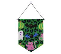 Bannières d'Halloween citrouille à paillettes à imprimé léopard vert à suspendre avec tige télescopique, bannière de fête extérieure pour porte, murs, fenêtres, jardins, cour