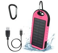 Setty Batterie de Secours Solaire 5 000 mAh Double USB avec Mousqueton Rose