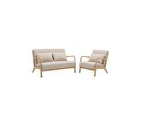 sweeek | Banquette 2 places + Fauteuil en bois et tissu beige Beige G