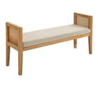 HOMCOM Banc Bout de lit, Banc d'entrée, accoudoirs en rotin et Cadre en Bois Massif, Assise rembourrée en Tissu Aspect Lin, Bout de lit pour Chambre, Salon, Design Moderne, crème