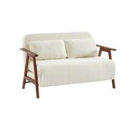 Banquette canapé convertible 2 places bois d'hévéa teinté noyer clair et bouclette texturée blanche L 133 x P 81 x 84cm - Sven