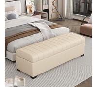 Banquette de Rangement en Cuir avec Coffre de Stockage, Banc Bout de Lit Capitonnée, Pouf Rembourré Imperméable pour Chambre Salon Entrée, Cadre en Bois Massif et Siège Élégant(E,130cm/51.1in)
