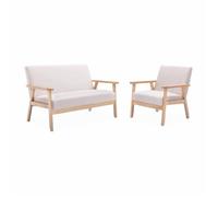 Banquette et fauteuil en bois et tissu crème. Isak. L 114 x l 69.5 x H 73cm