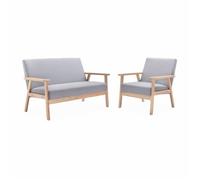Banquette et fauteuil en bois et tissu gris clair. Isak. L 114 x l 69.5 x H 73cm