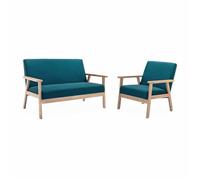 Banquette et fauteuil scandinave en bois et tissu bleu pétrole L 114 x l 69.5 x H 73cm