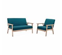 - Banquette et Fauteuil scandinave en Bois et Tissu Bleu pétrole L 114 x l 69.5 x H 73cm