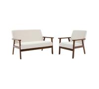 Canapé banquette 2 places et fauteuil tissu bouclette pieds teinté noyer clair