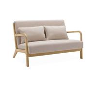 Banquette 2 places scandinave en bois et tissu beige. Lorens. L 124 x P 83 x H 77cm