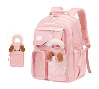 Bansusu Sac à dos pour filles pour enfants, cartable multi-poches avec trousse à crayons, B-rose