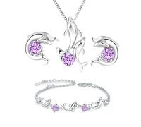 baobei Parure de bijoux dauphin en argent sterling avec collier et dauphin en améthyste, bracelets et boucles d'oreilles pour filles, cadeau d'anniversaire, Cristal, Oxyde de Zirconium