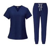 Baoblaze Ensemble uniforme médical pour femme avec haut et pantalon, col en V confortable avec poches, vêtement de travail pour infirmière, centre de beauté, bleu marine, taille L
