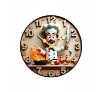 Baoblaze Horloge Murale 2D Horloge Décorative Horloge Silencieuse Pendule Moderne Horloge à Surface Plane en MDF Mouvement, Chef Avec Couteau Et Flammes 20cm, Chef Cuisinier Avec Couteau Et Flammes