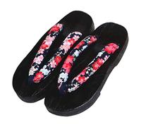 Baoblaze Sabots Japonais Traditionnels Sandales Chaussures Slippers Semelle Bois Tissu Imprimé Floral pour Femmes Adaptées à La Maison Cosplay Fête Extérieur, Rond Noir 37