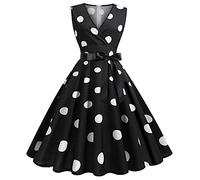 BaoDan Robe Annee 20 30 40 50 60 70 Pin Up Rockabilly Vintage Robe de Cocktail Soirée Communion Femme Mi-longue Rétro Robe à Pois Plissée Col V Sans Manches au Genou A-Line Pour Anniversaire