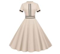 BaoDan Robe Cocktail Femme Robe Cocktail Femme Robe Annee 20 50 60 Robe Vintage à Manches Courtes Et Col Montant De Couleur Unie Pour Femmes 3-beige