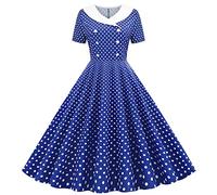 BaoDan Robe Cocktail Femme Robe Vintage Femme Robe Annee 20 50 60 Robe Longue à Col en V à Imprimé Carreaux Vintage Et Manches Courtes pour Femmes Bleu Foncé-a
