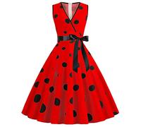 BaoDan Robe Courte Bohème Été Femme Rockabilly Retro à Pois Année 20-50 Pin Up Vintage Cocktail Soirée Communion Mi-longue Plissée Col V Sans Manches A-Line