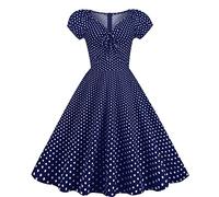 BaoDan Robe De Cocktail Femme Retro à Pois Annee 20-50 Pin Up Vintage Soirée Communion Mi-Longue Rétro Plissée Manche Courte Au Genou A-Line pour Anniversaire 2-navy XL