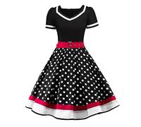 BaoDan Robe de Soirée Femme Chic avec Ceinture Vintage rétro année 50s pin-up Rockabilly Swing à Pois Plissée Manche Courte au Genou A-Line