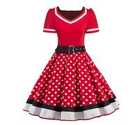 BaoDan Robe de Soirée Femme Chic avec Ceinture Vintage rétro année 50s pin-up Rockabilly Swing à Pois Plissée Manche Courte au Genou A-Line 1-Rouge XXL