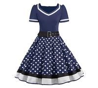 BaoDan Robe de Soirée Femme Chic avec Ceinture Vintage rétro année 50s pin-up Rockabilly Swing à Pois Plissée Manche Courte au Genou A-Line 1-royal Blue