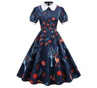 BaoDan Robe De Soiree Femme Robe Cocktail Femme Robe Annee 20 50 60 Robe Imprimée à Manches Courtes Avec Col De Poupée Et Ourlet Décontracté Pour Femmes 8-Marine