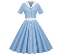 BaoDan Robe De Soiree Femme Robe Cocktail Femme Robe Annee 20 50 60 Robe Vintage à Manches Courtes Col En V DécontractéE à Ourlet Pour Femmes De Couleur Unie XL 2-bleu
