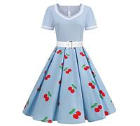 BaoDan Robe De Soiree Femme Robe De Cocktail Robe Vintage à Manches Courtes Pour Femme Avec Ceinture Hepburn Robe Vintage Tutu 1-bleu Clair
