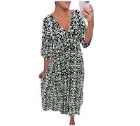 BaoDan Robe Femme Ete Robe Boheme Chic Longue Robe Femme Chic Et Elegant Robe Décontractée À Col En V Avec Fleurs À La Taille Et Manches Volantées À Sept Pans Robe De Forme A Pour Femmes