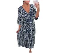 BaoDan Robe Femme Ete Robe Boheme Chic Longue Robe Femme Chic Et Elegant Robe Décontractée À Col En V Avec Fleurs À La Taille Et Manches Volantées À Sept Pans Robe De Forme A Pour Femmes