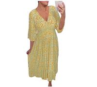 BaoDan Robe Femme Ete Robe Boheme Chic Longue Robe Femme Chic Et Elegant Robe Décontractée À Col En V Avec Fleurs À La Taille Et Manches Volantées À Sept Pans Robe De Forme A Pour Femmes
