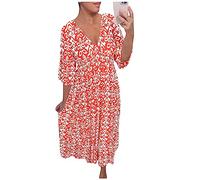 BaoDan Robe Femme Ete Robe Boheme Chic Longue Robe Femme Chic Et Elegant Robe Décontractée À Col En V Avec Fleurs À La Taille Et Manches Volantées À Sept Pans Robe De Forme A Pour Femmes